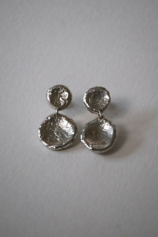 Pair of silver earrings on a white background